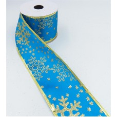 2.5 Inch Wired Christmas Ribbon with Gold Metallic Snowflakes on Turquoise Satin, 2-1/2 In. X 10 Yds (Lot of 1 Spool) SALE ITEM